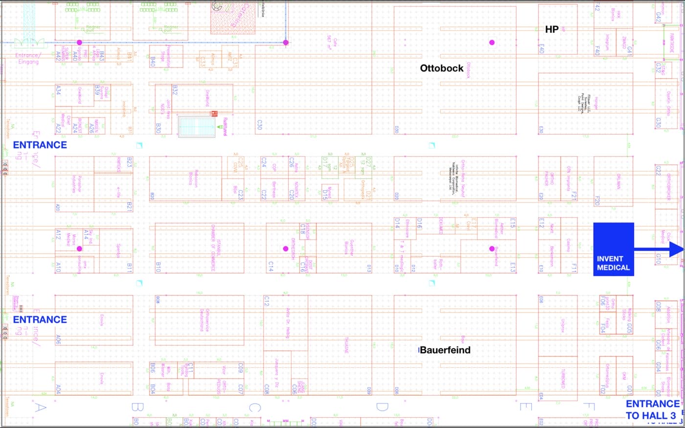 Hall map with Invent Medical booth F10 marked